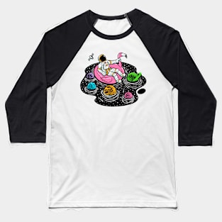 Astronaut Lounging in a Space Pool on a Pink Flamingo Floatie Baseball T-Shirt